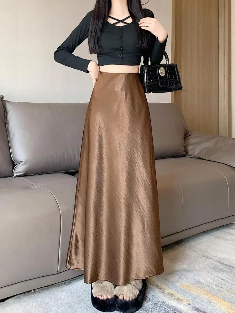 Korean Elegant Black Red Long Skirt Women Autumn Winter Brown High Waist Office Ladies Slim Straight Fishtail Skirt Trend Simple