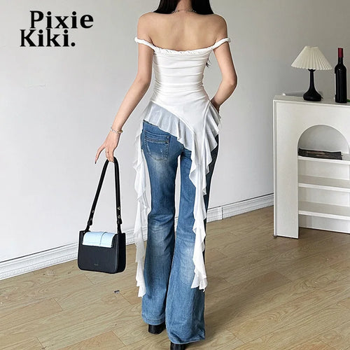 Load image into Gallery viewer, Mesh Ruffled Off Shoulder T Shirts Women Y2k 2000s Aesthetic Asymmetrical Tops White Black Summer Clothes P94-BH24
