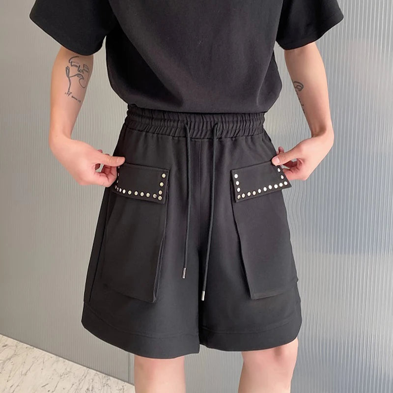 Elastic Waist Wide Leg Shorts Summer New Loose Male Straight Leg Pants Solid Color Pocket Lace-up Casual Trend 9C5354