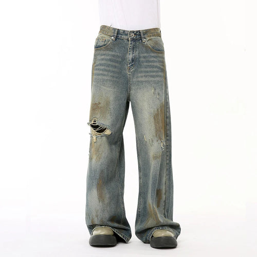 Load image into Gallery viewer, Summer Male Denim Pants Worn-out Hole Contrast Color Straight Wide Leg Casual Men&#39;s Denim Pants High Street 9C6605
