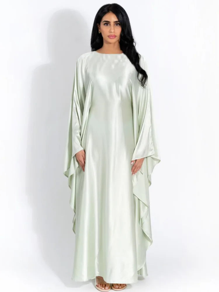 Fashion Satin Long Sleeved Large Opening Long Dress Women Slim Round Neck Robe Dress Female Elegant Party Evening Dress