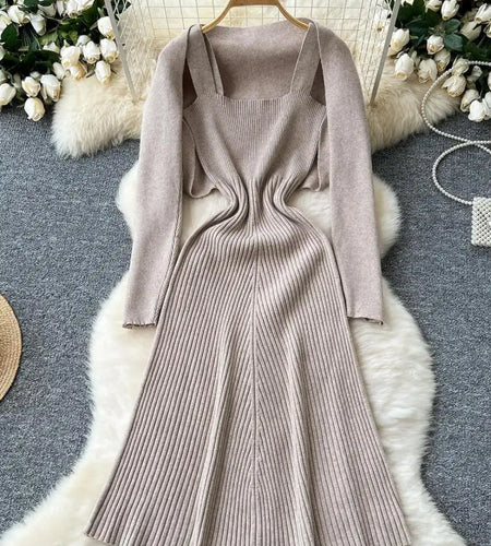Autumn Winter Korean Women's Temperament Two Piece Set Beige Khaki Long Sleeved Shawl Cardigan Tops And Knitted Slip Dress Suit