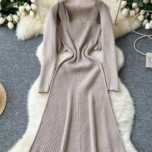 Load image into Gallery viewer, Autumn Winter Korean Women's Temperament Two Piece Set Beige Khaki Long Sleeved Shawl Cardigan Tops And Knitted Slip Dress Suit

