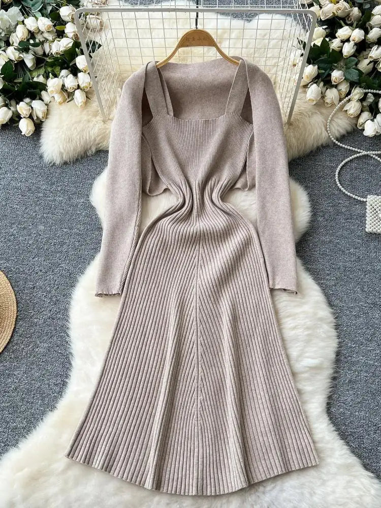 Autumn Winter Korean Women's Temperament Two Piece Set Beige Khaki Long Sleeved Shawl Cardigan Tops And Knitted Slip Dress Suit