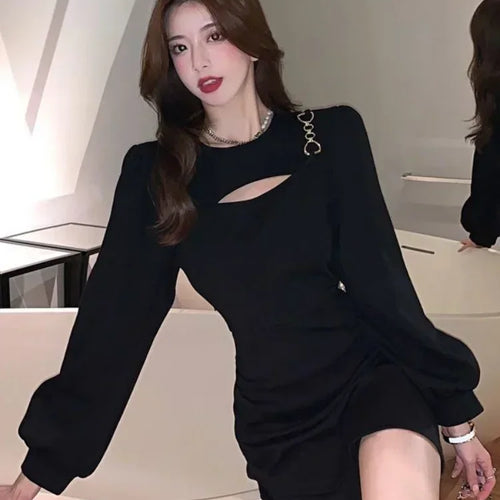 Load image into Gallery viewer, Sexy Black Hollow Out Mini Dress Women Bodycon Wrap Slim Short Dresses Party Evening Autumn Outfits Robes Female

