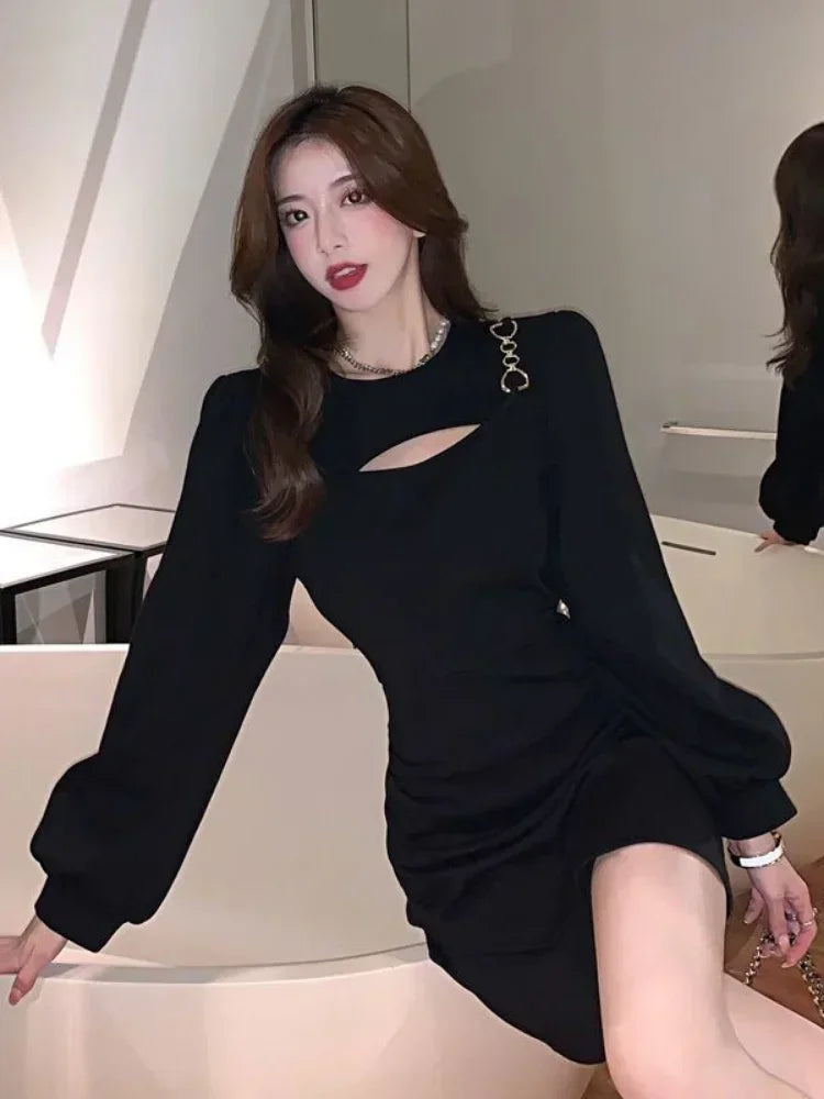 Sexy Black Hollow Out Mini Dress Women Bodycon Wrap Slim Short Dresses Party Evening Autumn Outfits Robes Female