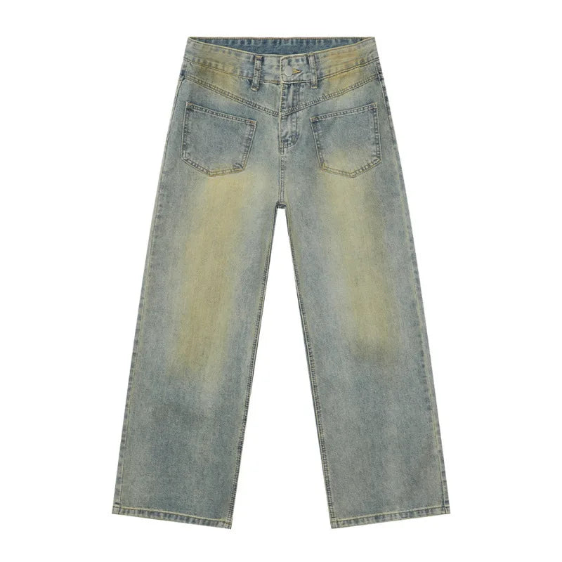 High Street Men's Denim Pants  Reverse Wear Design Washing Worn-out Personalized Straight Wide Leg Loose Male Jeans 9C9296