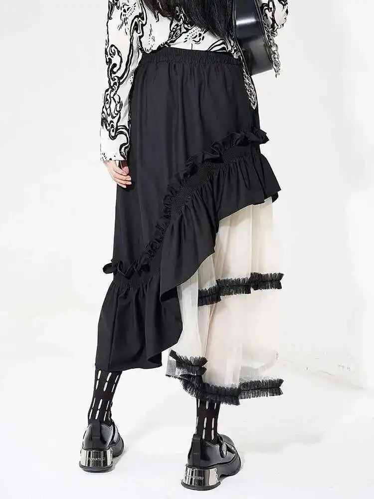 High Elastic Waist Black Irregular Ruffles Mesh A-line Half-body Skirt Women Fashion Tide New Spring Autumn 2025 1DH4926