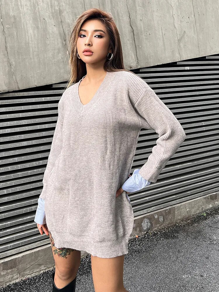 Patchwork Colorblock Sweater For Women V Neck Long Sleeve Loose Straight Knitting Pullover Female Fashion Clothing