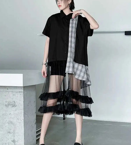 Women Black Plaid Mesh Spliced Big Size Midi Shirt Dress New Lapel Short Sleeve Fashion Tide Spring Summer 2025 1DJ0635