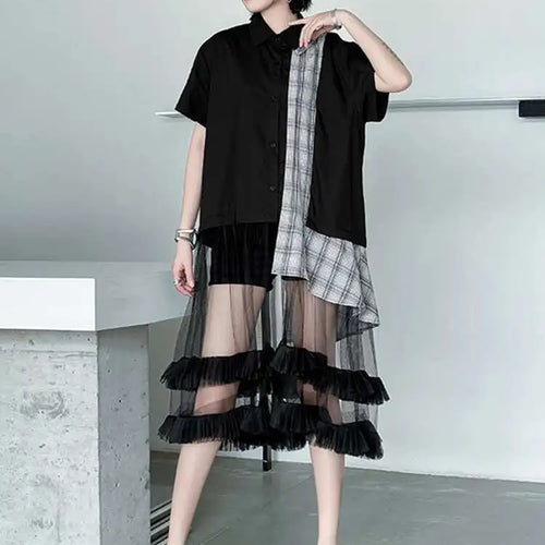 Load image into Gallery viewer, Women Black Plaid Mesh Spliced Big Size Midi Shirt Dress New Lapel Short Sleeve Fashion Tide Spring Summer 2025 1DJ0635
