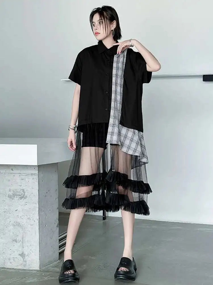 Women Black Plaid Mesh Spliced Big Size Midi Shirt Dress New Lapel Short Sleeve Fashion Tide Spring Summer 2025 1DJ0635