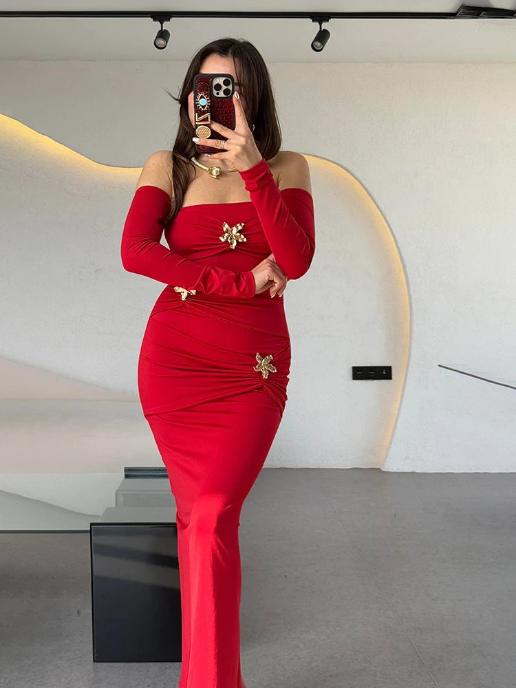 Metal Buckle Strapless Sexy Maxi Dress For Women Off-shoulder Backless Long Sleeve Ruched Bodycon Club Long Dress