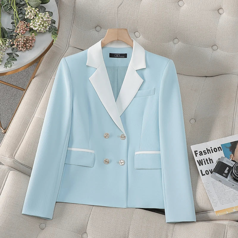 Spring Autumn Blue White Patchwork Office Festival Short Blazer Jackets 2025 Vintage Elegant Ladies Double Breasted Tops Popular