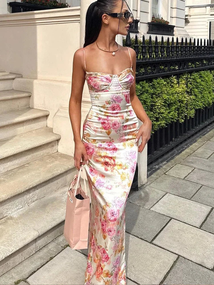 Summer Spaghetti Strap Floral Print Party Dresses Elegant Maxi Bodycon Wedding Guest Holiday Dress New In Dress 2023