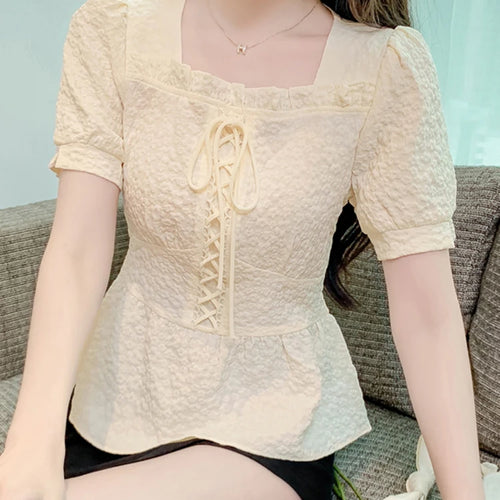 Load image into Gallery viewer, Lace-up Slim Waist Pure Color Women Blouse French Style Sweet Square Neck Puff Sleeve Summer Elegant Female Blouses
