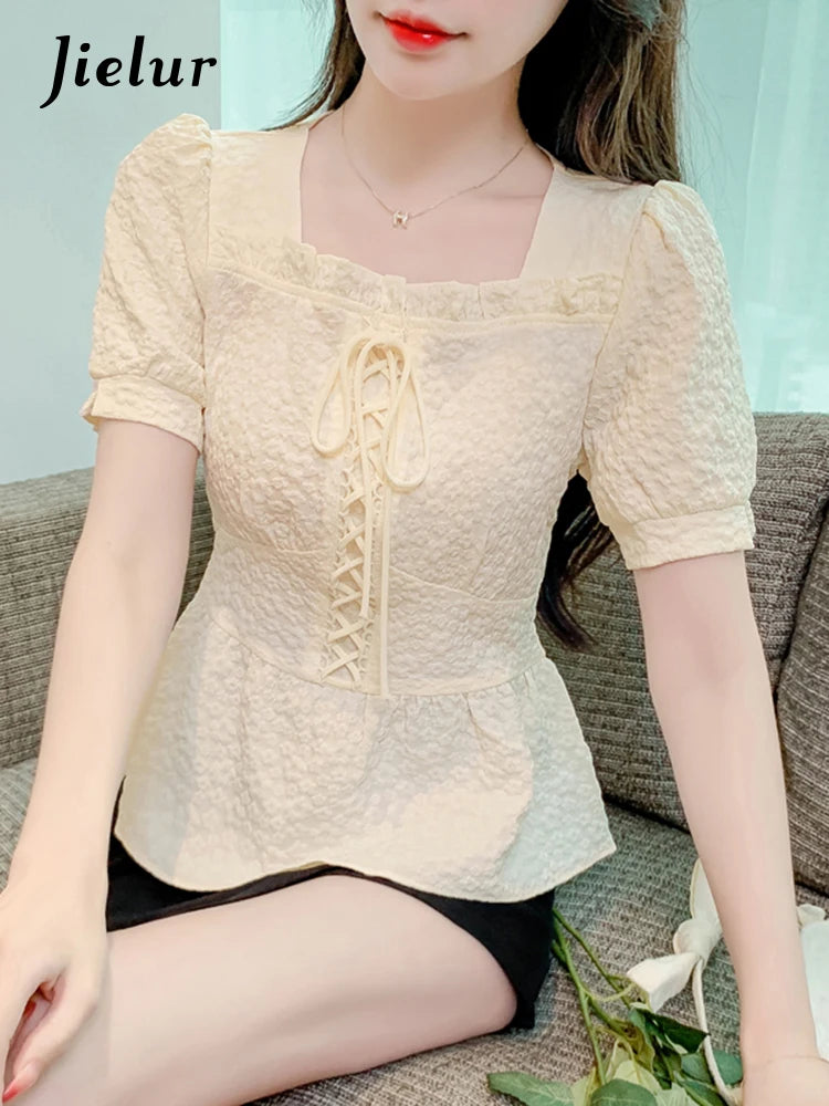 Lace-up Slim Waist Pure Color Women Blouse French Style Sweet Square Neck Puff Sleeve Summer Elegant Female Blouses