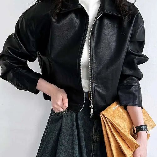 Load image into Gallery viewer, PU Leather Brown Big Size Casual Short Jacket New Lapel Long Sleeve Women Coat Fashion Tide Spring Autumn 2025 1DH6650
