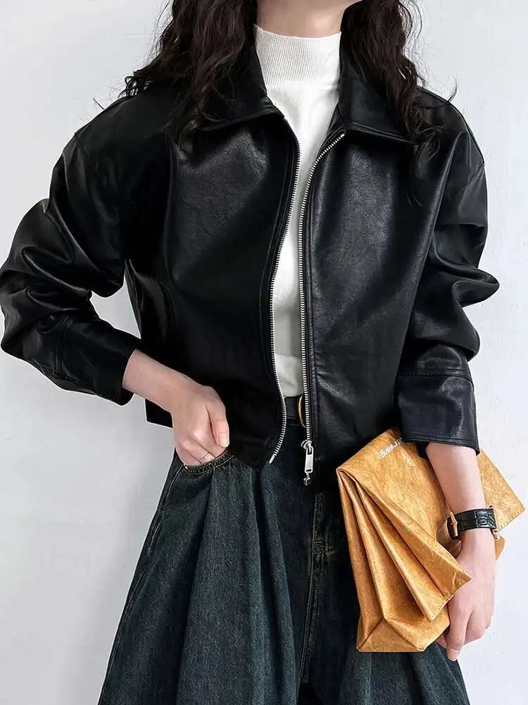 PU Leather Brown Big Size Casual Short Jacket New Lapel Long Sleeve Women Coat Fashion Tide Spring Autumn 2025 1DH6650