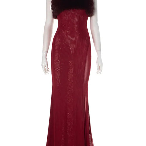 Load image into Gallery viewer, Feather Strapless Backless Sexy Maxi Dress For Women Wine Red Mesh Patchwork Sleeveless Backless Bodycon Club Dress
