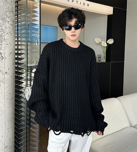 Solid Color Men's Sweaters Round Collar Hole Design Knitting Korean Casual Tops Pullover Loose Male Knits Simple New 9C9282