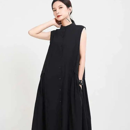 Load image into Gallery viewer, Women Khaki Split Pleated Long  Dress New Stand Collar Sleeveless Loose Fit Fashion Tide Spring Summer 2025 1Y353
