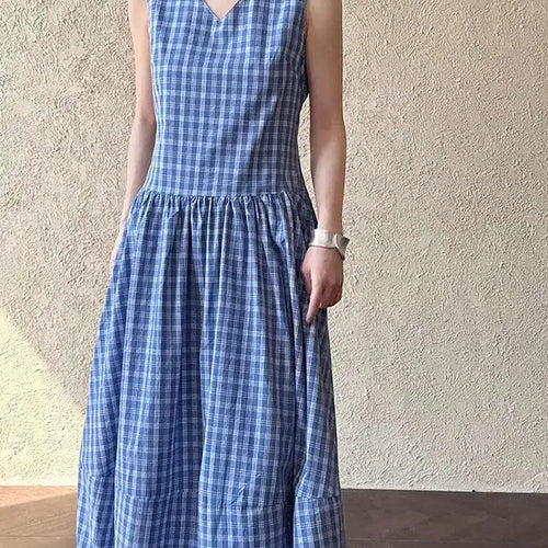 Load image into Gallery viewer, Women Dark Blue Plaid Pocket Vintage Long Elegant Vest Dress New V-Neck Sleeveless Fashion Tide Spring Summer 2025 1DJ0667
