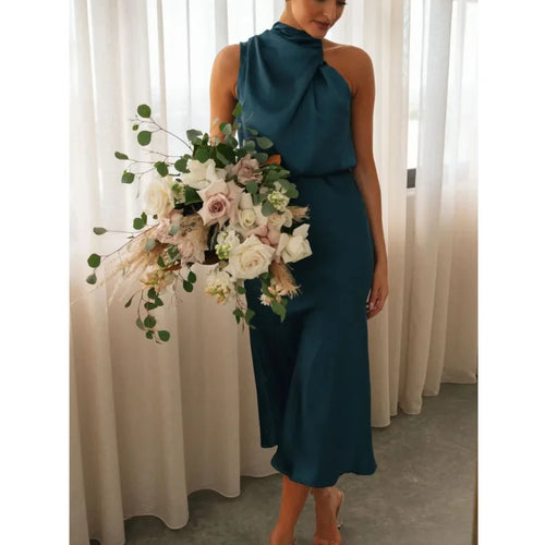Load image into Gallery viewer, Elegant Sleeveless Satin Bodycon Dress Women 2024 Summer Irregular Hanging Neck Evening Dress Mid Dress Party Clubwear
