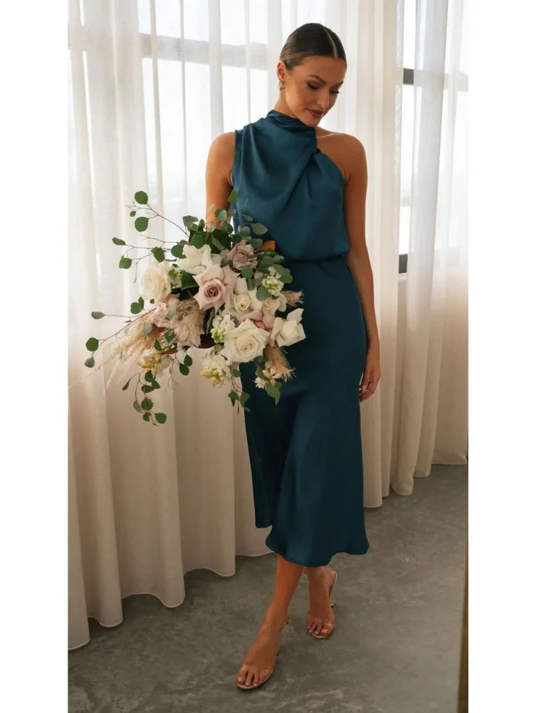Elegant Sleeveless Satin Bodycon Dress Women 2024 Summer Irregular Hanging Neck Evening Dress Mid Dress Party Clubwear