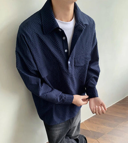 Men's Fashion T-shirt New Spring Turn-down Collar Handsome Single Breasted Solid Color Casual Male T-shirts 2025 9W1399