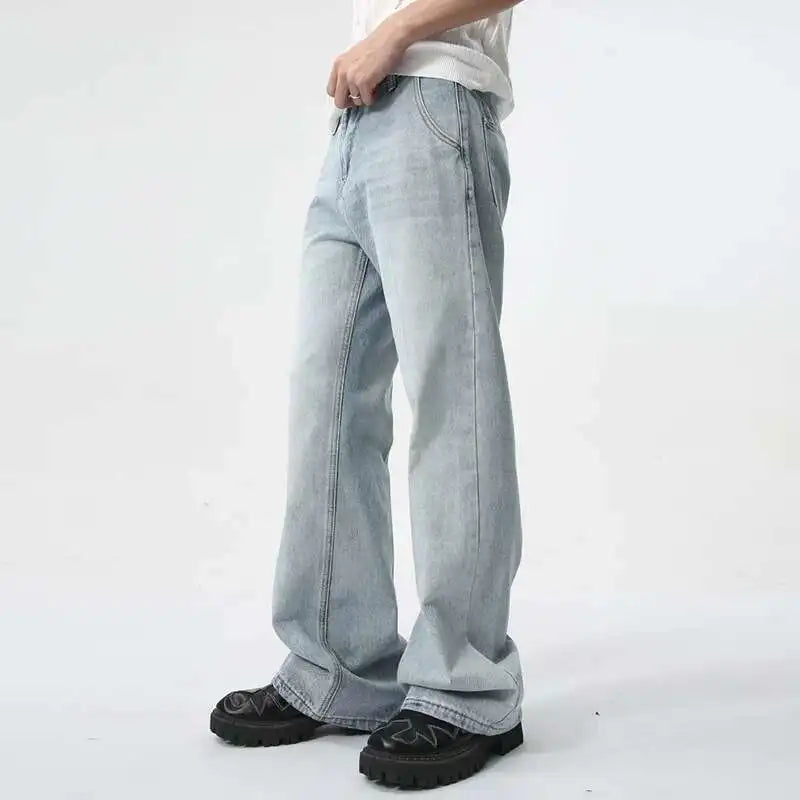 Minimalist Men's Jeans Solid Color Washed Boot Cut Trousers Straight Loose Wide Leg Male Bottom High Street Menwear 9C5978