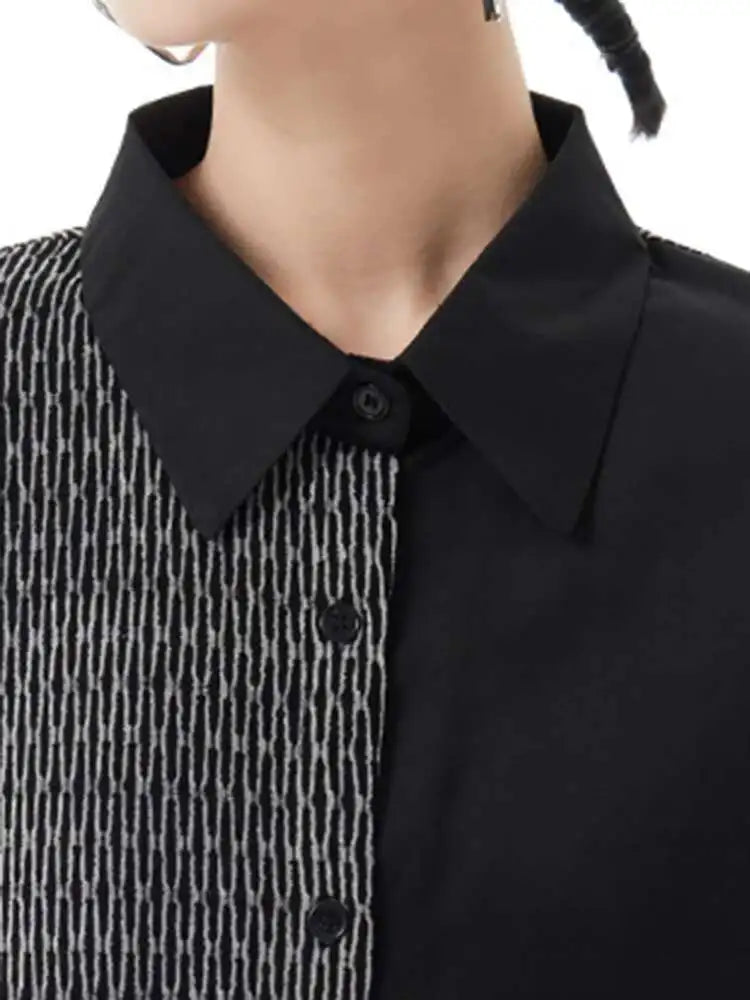Women Black Color-block Big Size Midi Shirt Dress New Lapel Long Sleeve Loose Fit Fashion Tide Spring Autumn 2025 1DH2095