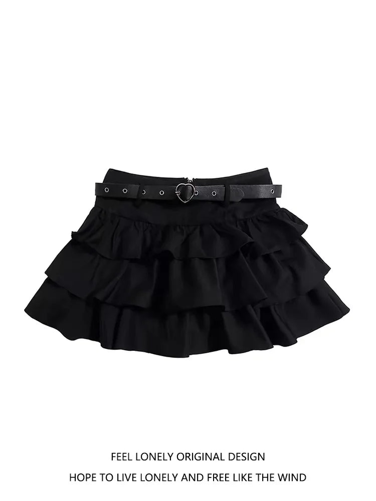 Spring Summer Women Black Brown High Waist Ruffles Cake Short Skirt White Holiday Party Pleated Mini Skirt Ladies Popular French