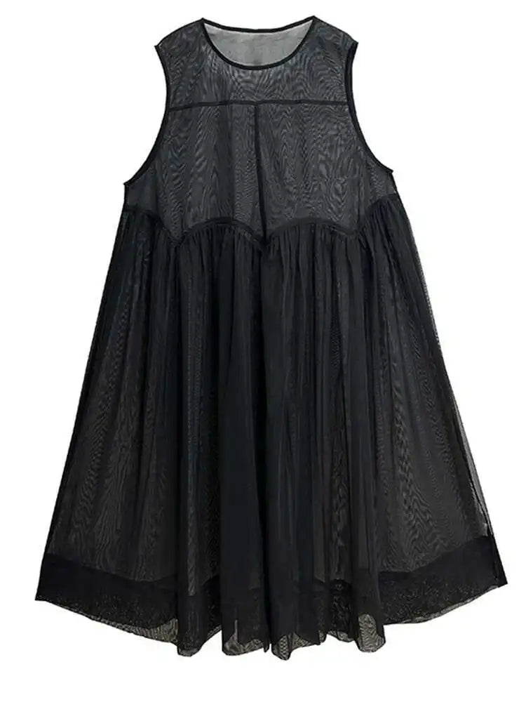 Women Black Mesh Perspective Pleated Big Size Elegant Dress New Round Neck Sleeveless Fashion Spring Summer 2025  1DH5841