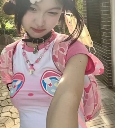 Summer Crop Tops Fashion Korean T Shirts Contrast Color Cartoon Sweet Tees Short Sleeve O-neck Tunic T-shirt Casual Y2k Tshirts