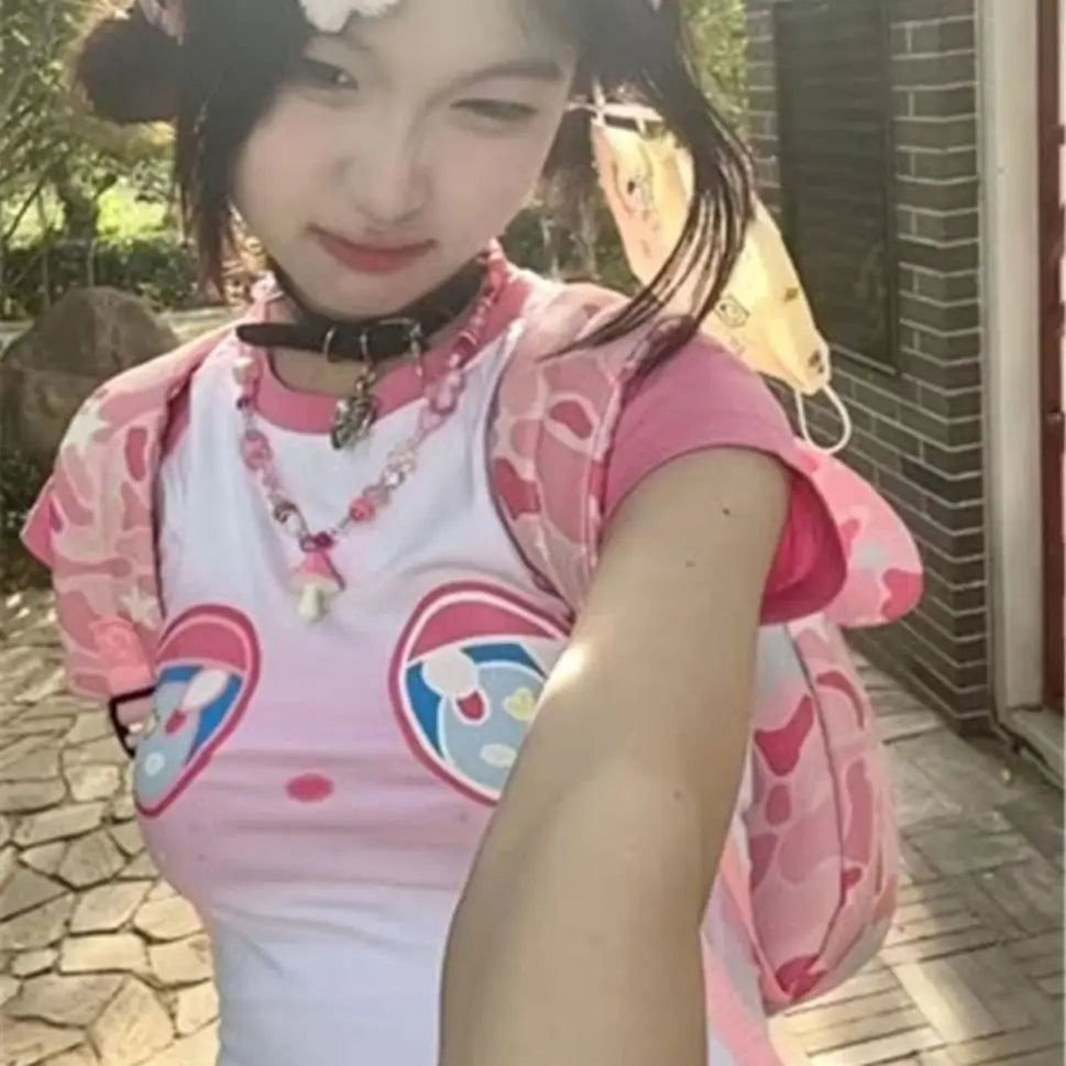 Summer Crop Tops Fashion Korean T Shirts Contrast Color Cartoon Sweet Tees Short Sleeve O-neck Tunic T-shirt Casual Y2k Tshirts
