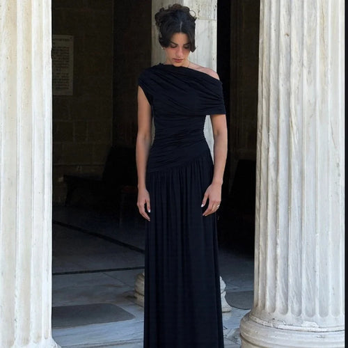 Load image into Gallery viewer, Incline Shoulder Backless Sexy Maxi Dress Women Summer New Fashion Sleeveless Pleated Ruched Club Party Long Dress
