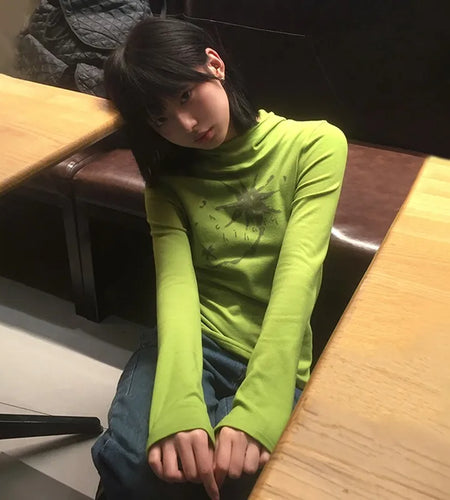 Japanese Y2k Hooded T-shirt Grunge Aesthetics Green Long Sleeve Tee Shirt Vintage Harajuku Hooded Tops 2000s Streetwear