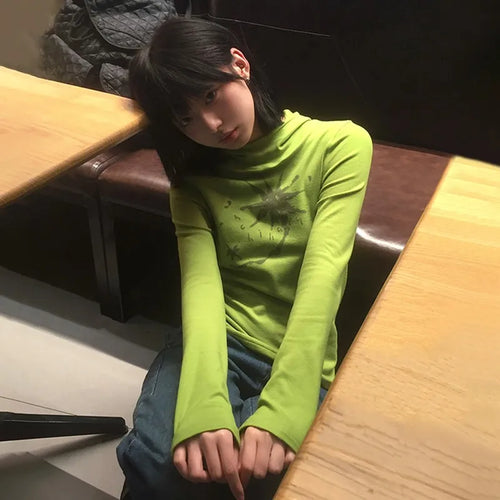 Japanese Y2k Hooded T-shirt Grunge Aesthetics Green Long Sleeve Tee Shirt Vintage Harajuku Hooded Tops 2000s Streetwear