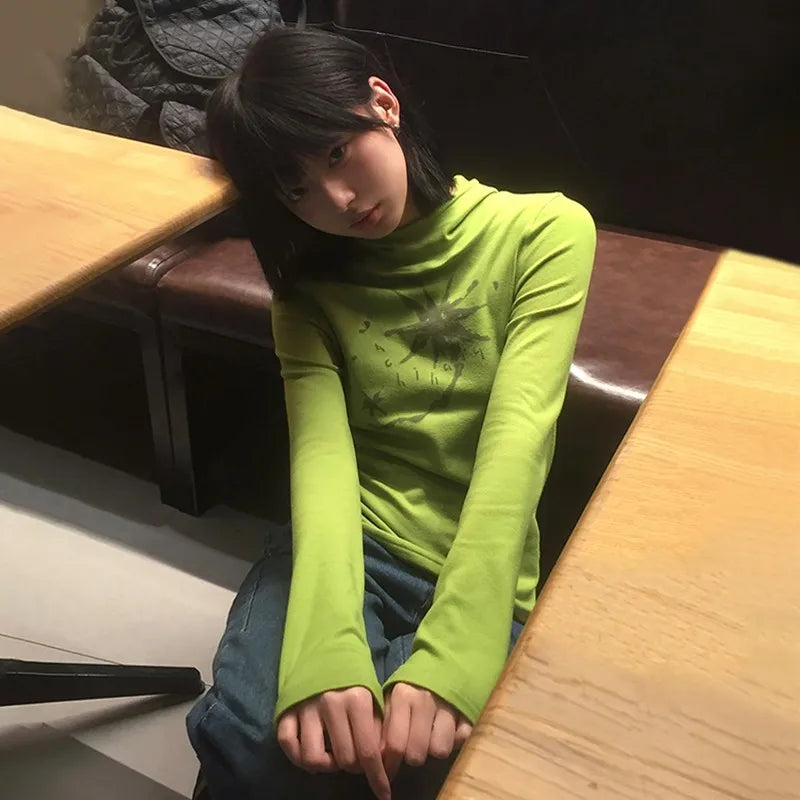 Japanese Y2k Hooded T-shirt Grunge Aesthetics Green Long Sleeve Tee Shirt Vintage Harajuku Hooded Tops 2000s Streetwear