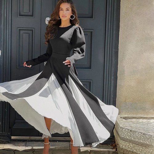 Load image into Gallery viewer, Patchwork Long Sleeve Maxi Dress For Women Autumn Winter New O Neck Color Contrast Lace-up Elegant Long Dress Fashion
