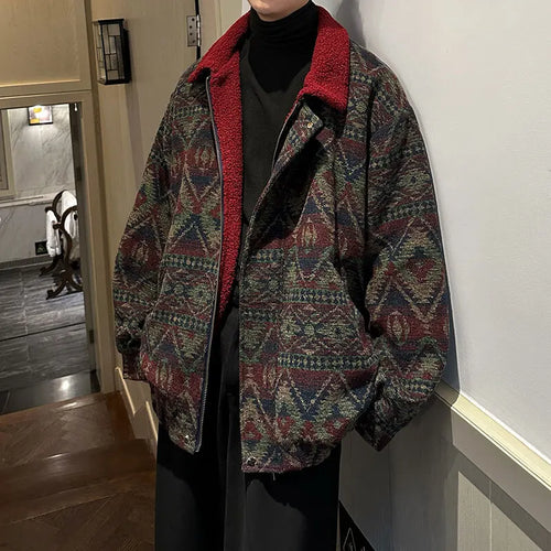 Load image into Gallery viewer, Fashion Men&#39;s Lamb Wool Jacket Knitted Contrast Color Jacquard Loose Casual Male Retro Cotton Padded Jackets 9C9039
