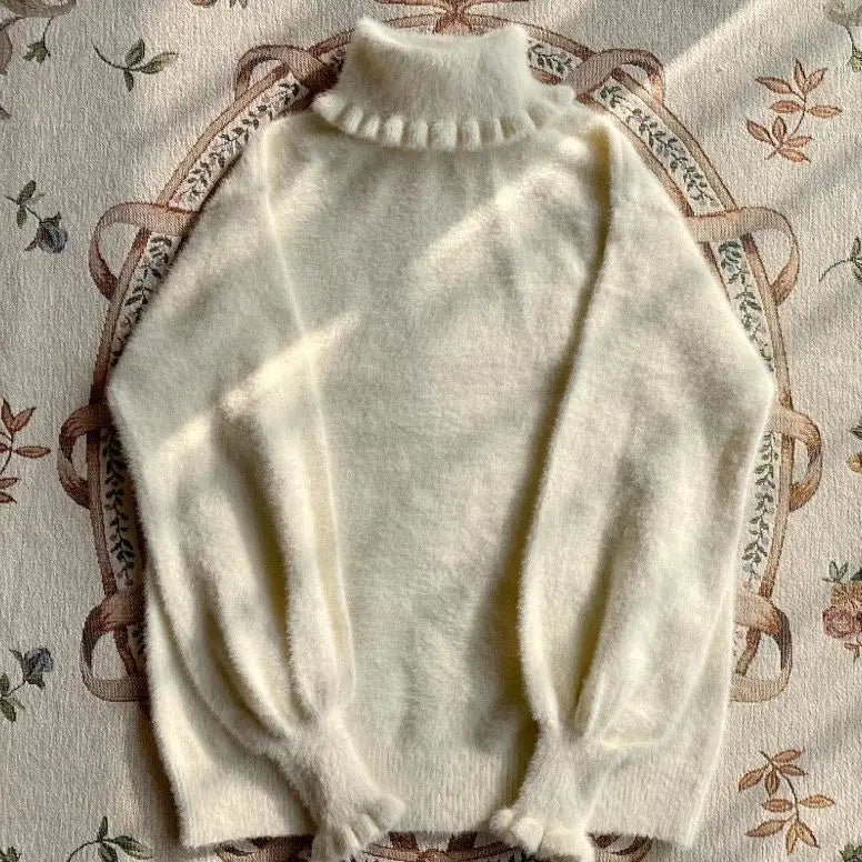 Soft Basic Pullover Women Japanese Ruffle Turtleneck Puff Sleeve Sweater Jk Lolita Inside Jumper  Fairy Sueter Top