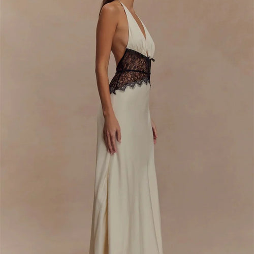 Load image into Gallery viewer, Summer Backless Sexy Maxi Dress Women Gown Patchwork Lace Halter Deep V Neck Sleeveless High Waist Elegant Long Dress
