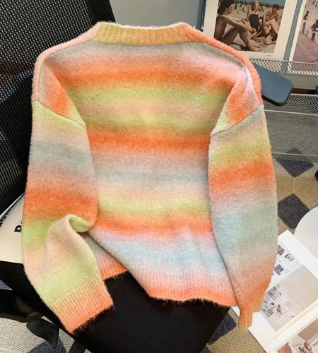 Autumn Winter French Retro Rainbow Colorblock Elegant Knitted Cardigan Tops Women V Neck Single Breasted Long Sleeve Sweater New