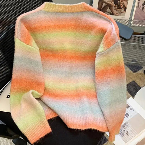 Load image into Gallery viewer, Autumn Winter French Retro Rainbow Colorblock Elegant Knitted Cardigan Tops Women V Neck Single Breasted Long Sleeve Sweater New
