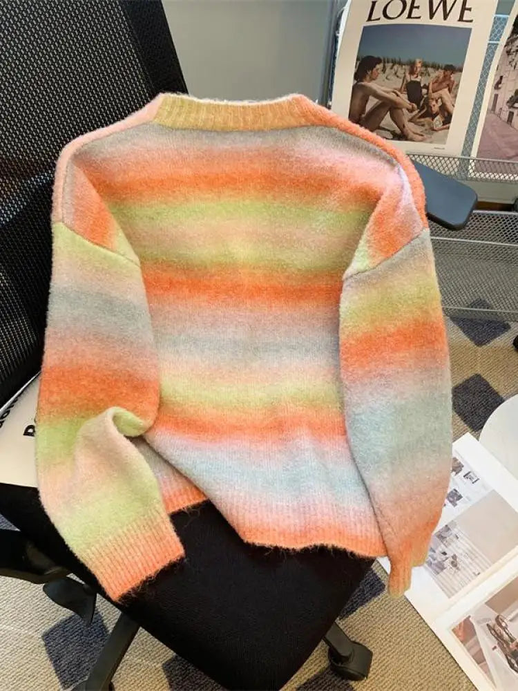 Autumn Winter French Retro Rainbow Colorblock Elegant Knitted Cardigan Tops Women V Neck Single Breasted Long Sleeve Sweater New