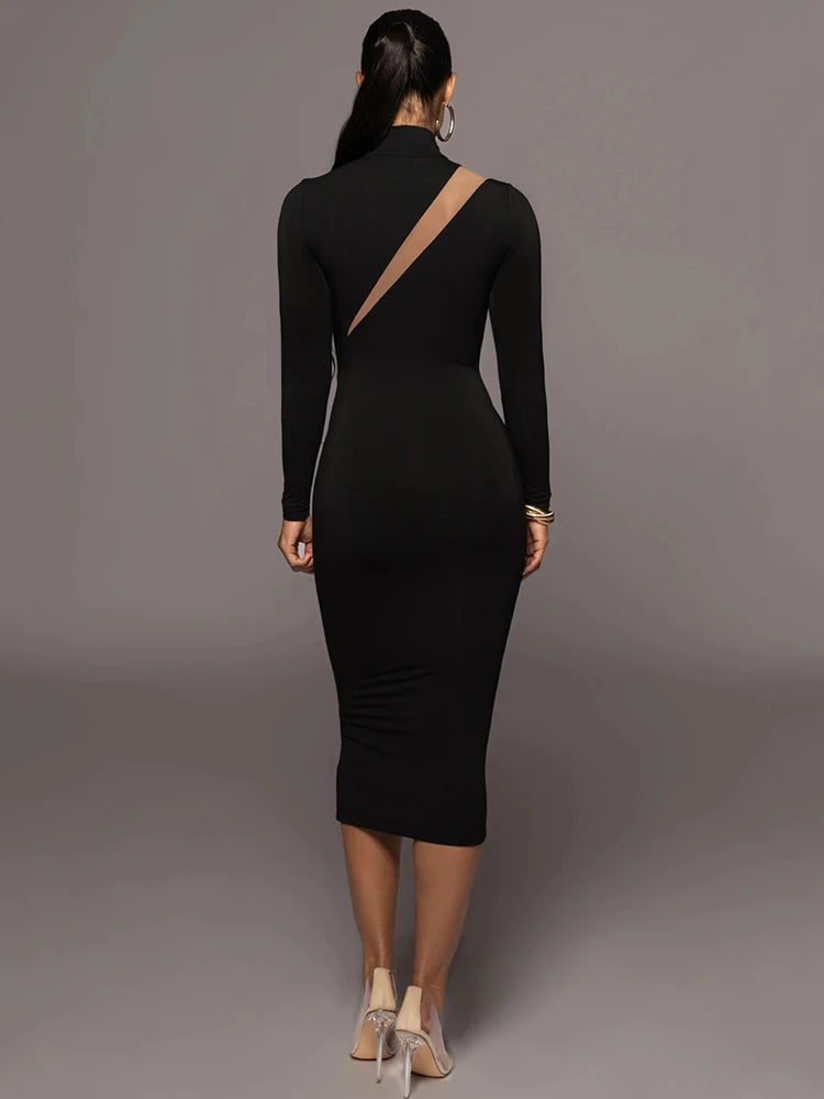 Elegant Long Sleeve Bodycon Sexy Maxi Dress For Women Autumn Winter Fashion Half High Collar Club Party Sexy Long Dress