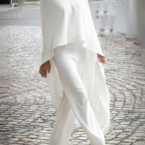 Load image into Gallery viewer, Women&#39;s White Two Pieces Set 2024 Autumn High-Neck High-Low Loose Tops &amp; Wide Leg Pants Suits Streewear Black
