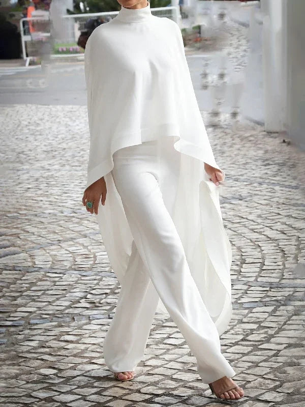 Women's White Two Pieces Set 2024 Autumn High-Neck High-Low Loose Tops & Wide Leg Pants Suits Streewear Black